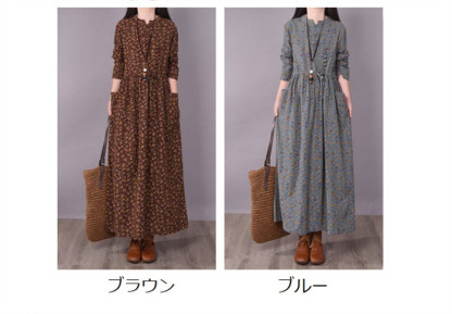 <br>ロングワンピース 秋冬 長袖 レディース きれいめ 大きいサイズ 秋 冬 ワンピース 4colors ロング丈 綿 コットン 体型カバー ロングワンピ 総柄 花柄 ミモレ ゆったり カジュアル 大人可愛い 日常 通勤 通学 着痩せ 秋 冬 送料無料