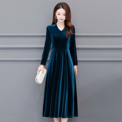 <br>ロングワンピース ベロア レディース ワンピース ベロアワンピ ベルベット 長袖 ロング丈 大きいサイズ 体型カバー ぽわん袖 あったか 暖かい Uネック ミモレ ゆったり カジュアル 大人 着痩せ 30代 40代 50代 春 秋 冬 きれいめ 無地 送料無料