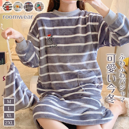 <br>ルームウェア レディース ワンピース もこもこ 冬 可愛い 長袖 パジャマ フリース マイクロファイバー 厚手 ゆったり 部屋着 ポケット付き 2点セット ふわふわ  サックス おそろい 女性 婦人 女の子 パジャマ ママ 送料無料