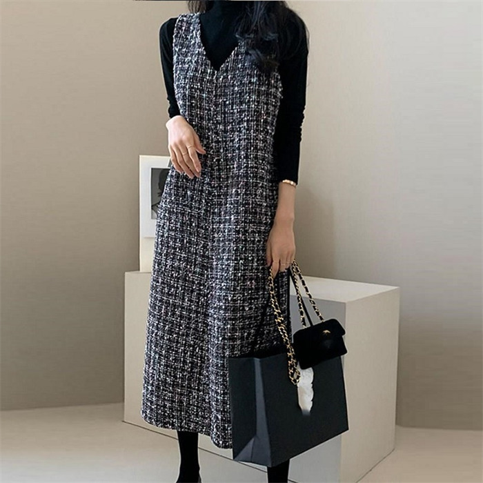 ジャンパースカート 50代 膝丈 チェック柄 秋 冬 大人 体型カバー Vネック オールインワン レディース ロングワンピース ロングベスト ワンピース ジャンスカ ポケット スカート ファスナー 重ね着 カジュアル きれいめ 大人可愛い 送料無料