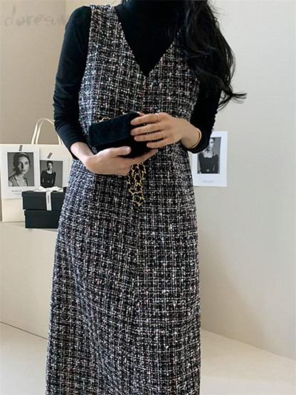 ジャンパースカート 50代 膝丈 チェック柄 秋 冬 大人 体型カバー Vネック オールインワン レディース ロングワンピース ロングベスト ワンピース ジャンスカ ポケット スカート ファスナー 重ね着 カジュアル きれいめ 大人可愛い 送料無料