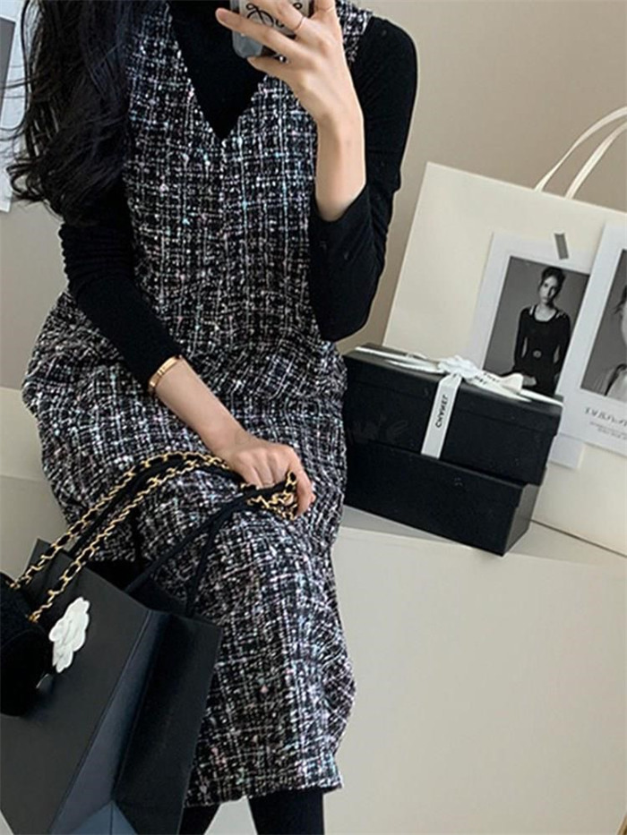 ジャンパースカート 50代 膝丈 チェック柄 秋 冬 大人 体型カバー Vネック オールインワン レディース ロングワンピース ロングベスト ワンピース ジャンスカ ポケット スカート ファスナー 重ね着 カジュアル きれいめ 大人可愛い 送料無料