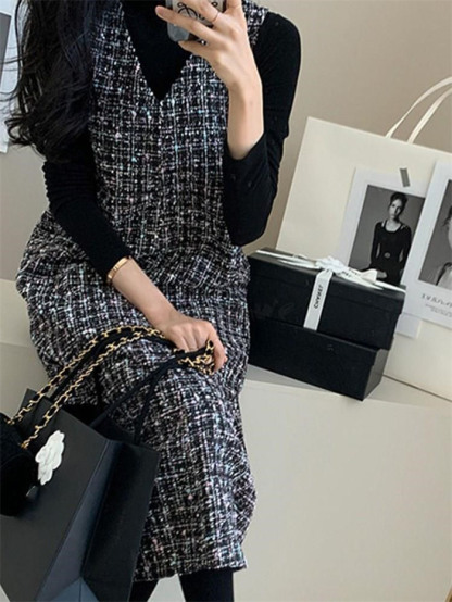 ジャンパースカート 50代 膝丈 チェック柄 秋 冬 大人 体型カバー Vネック オールインワン レディース ロングワンピース ロングベスト ワンピース ジャンスカ ポケット スカート ファスナー 重ね着 カジュアル きれいめ 大人可愛い 送料無料