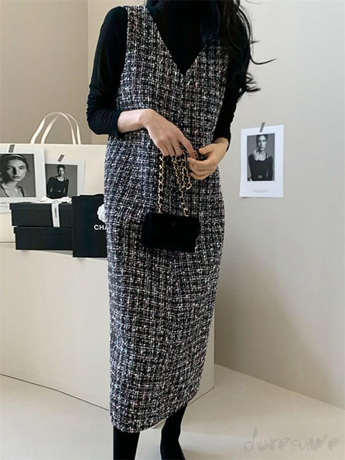 ジャンパースカート 50代 膝丈 チェック柄 秋 冬 大人 体型カバー Vネック オールインワン レディース ロングワンピース ロングベスト ワンピース ジャンスカ ポケット スカート ファスナー 重ね着 カジュアル きれいめ 大人可愛い 送料無料