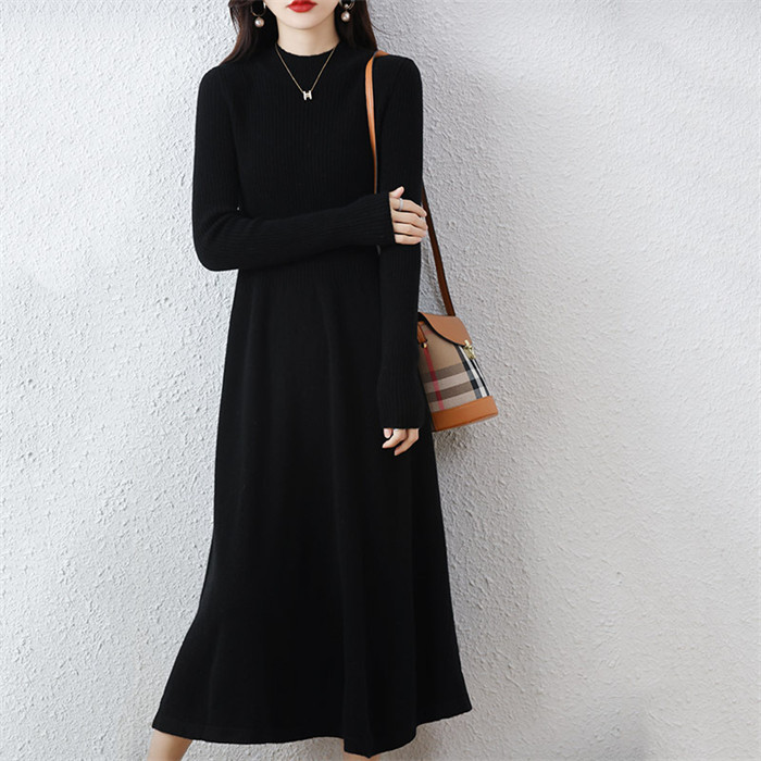 <br>ニットワンピース リブニットワンピース ワンピース レディース リブ ニットワンピ マキシ丈 Aライン きれいめ 上品 大人 ブラック 2023秋冬新作  秋冬 Vネック 長袖 きれいめ ハイウエスト プリーツ 体型カバー 送料無料