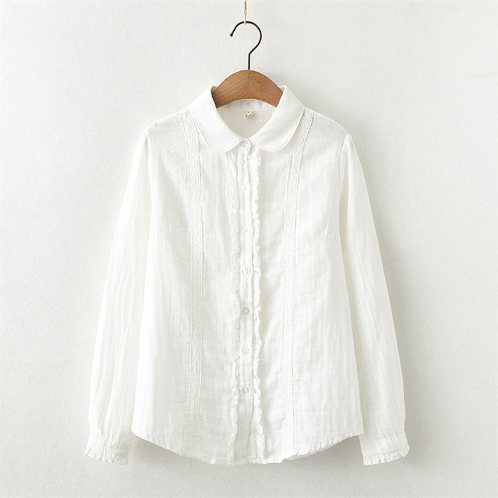 <br>綿100% シャツ ガーゼシャツ ブラウス レース刺繍 レディース フリル襟 チュニック 羽織り コットン ベーシック コットンシャツ トップス 長袖 無地 プレゼント 30代 40代 50代 