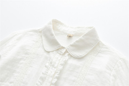 <br>綿100% シャツ ガーゼシャツ ブラウス レース刺繍 レディース フリル襟 チュニック 羽織り コットン ベーシック コットンシャツ トップス 長袖 無地 プレゼント 30代 40代 50代 
