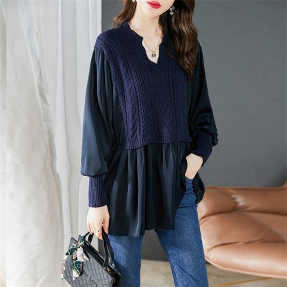 <br>シャツ ニット 異素材 ブラウス レディース チュニック Vネック ニットワンピース ベーシック シルク 長袖シャツ トップス 長袖  長袖シャツブラウス シャツブラウス 無地 プレゼント