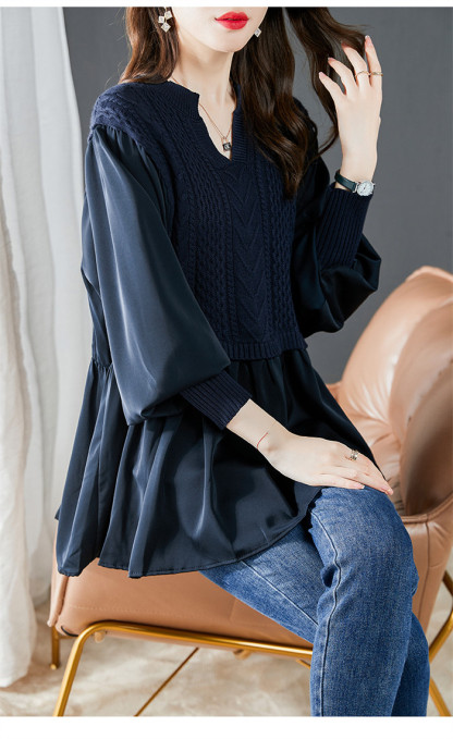 <br>シャツ ニット 異素材 ブラウス レディース チュニック Vネック ニットワンピース ベーシック シルク 長袖シャツ トップス 長袖  長袖シャツブラウス シャツブラウス 無地 プレゼント