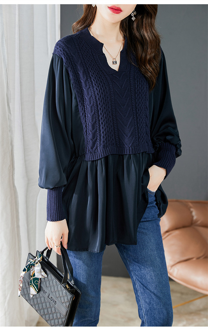 <br>シャツ ニット 異素材 ブラウス レディース チュニック Vネック ニットワンピース ベーシック シルク 長袖シャツ トップス 長袖  長袖シャツブラウス シャツブラウス 無地 プレゼント