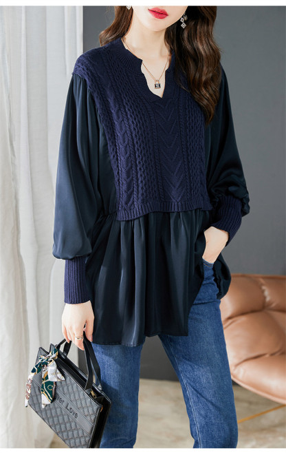 <br>シャツ ニット 異素材 ブラウス レディース チュニック Vネック ニットワンピース ベーシック シルク 長袖シャツ トップス 長袖  長袖シャツブラウス シャツブラウス 無地 プレゼント