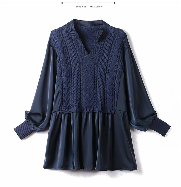 <br>シャツ ニット 異素材 ブラウス レディース チュニック Vネック ニットワンピース ベーシック シルク 長袖シャツ トップス 長袖  長袖シャツブラウス シャツブラウス 無地 プレゼント