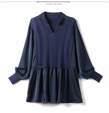 <br>シャツ ニット 異素材 ブラウス レディース チュニック Vネック ニットワンピース ベーシック シルク 長袖シャツ トップス 長袖  長袖シャツブラウス シャツブラウス 無地 プレゼント
