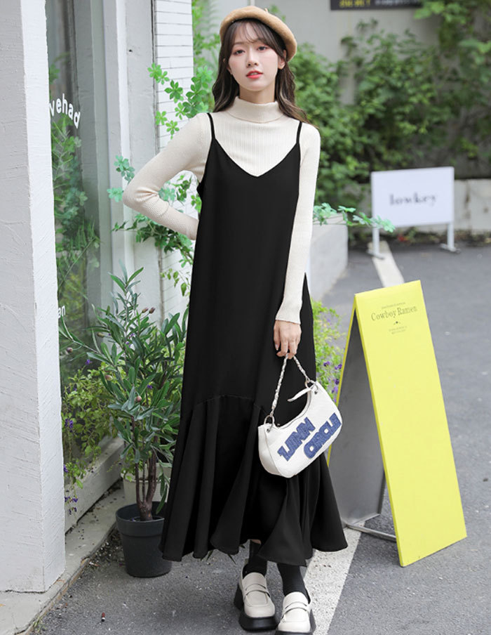 ジャンパースカート キャミワンピース サロペット マーメイドワンピース レディース マーメイド 秋 夏 黒 ジャンパースカート ベーシック ゆったり 無地 体型カバー 大きいサイズ キャミ ロングワンピース