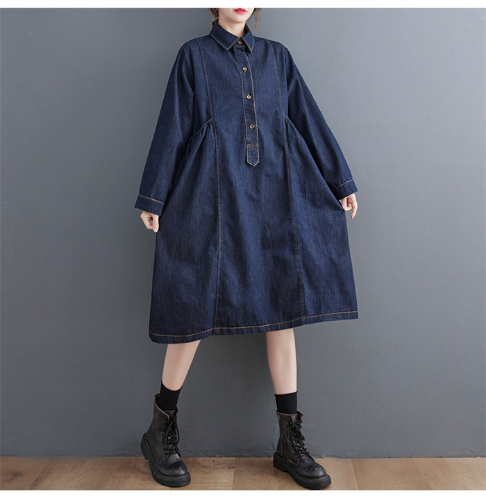 <br>デニムワンピース　レディース　ミモレ丈　ロング丈　長袖　ワンピース　ワンピ　ロングワンピース　カーディガン　デニム　体型カバー　ゆったり　春夏　森ガール　無地　カジュアル　リラックス　マタニティ　妊娠服　夏　春夏　ポケット付き