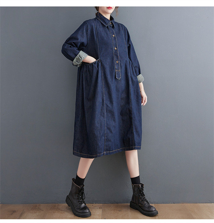 <br>デニムワンピース　レディース　ミモレ丈　ロング丈　長袖　ワンピース　ワンピ　ロングワンピース　カーディガン　デニム　体型カバー　ゆったり　春夏　森ガール　無地　カジュアル　リラックス　マタニティ　妊娠服　夏　春夏　ポケット付き