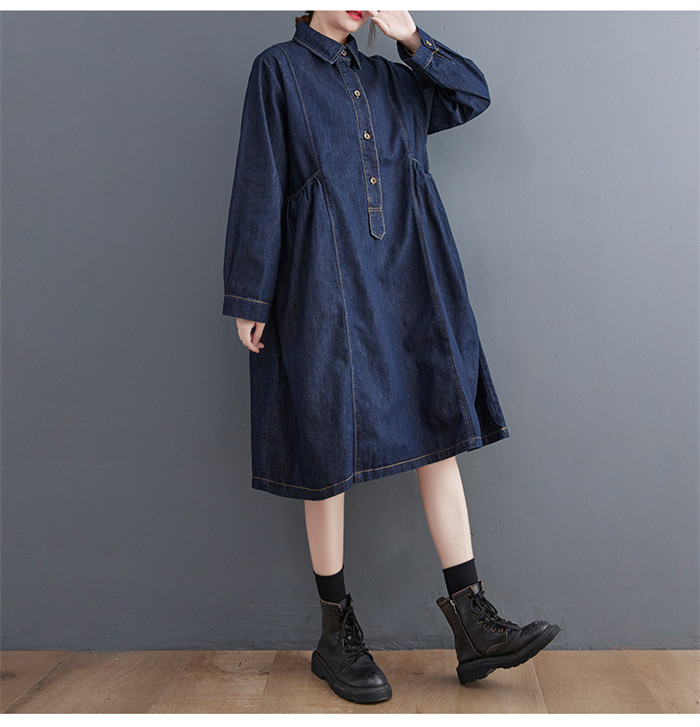 <br>デニムワンピース　レディース　ミモレ丈　ロング丈　長袖　ワンピース　ワンピ　ロングワンピース　カーディガン　デニム　体型カバー　ゆったり　春夏　森ガール　無地　カジュアル　リラックス　マタニティ　妊娠服　夏　春夏　ポケット付き