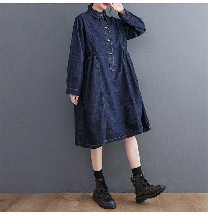<br>デニムワンピース　レディース　ミモレ丈　ロング丈　長袖　ワンピース　ワンピ　ロングワンピース　カーディガン　デニム　体型カバー　ゆったり　春夏　森ガール　無地　カジュアル　リラックス　マタニティ　妊娠服　夏　春夏　ポケット付き