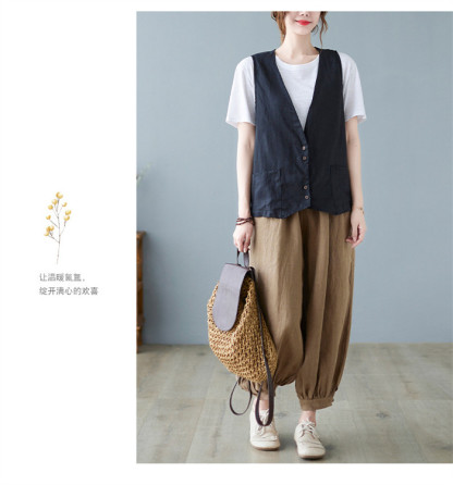 <br>ジレ レディース 春夏 ベスト 前開き ロングジレ ロングベスト リネン 大きいサイズ 麻 綿麻 サイドスリット 開襟 ボタン飾り 不規則裾