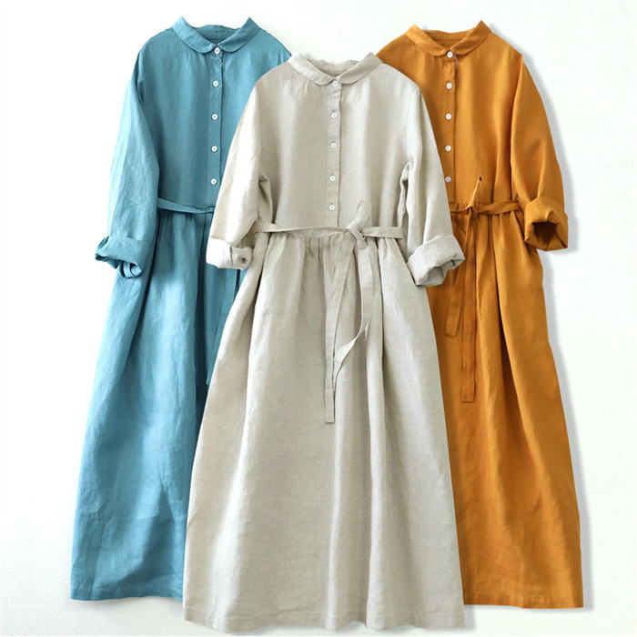 <br>ロングワンピース 綿麻 レディース きれいめ 春 七分袖 半袖 夏 大きいサイズ ガーゼ ダブルガーゼ ロングワンピース ベルト付き ロング