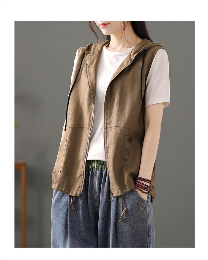<br>ジレ レディース 春夏 ベスト 前開き ロングジレ ロングベスト リネン 大きいサイズ 麻 綿麻 ファスナー フード付き 開襟