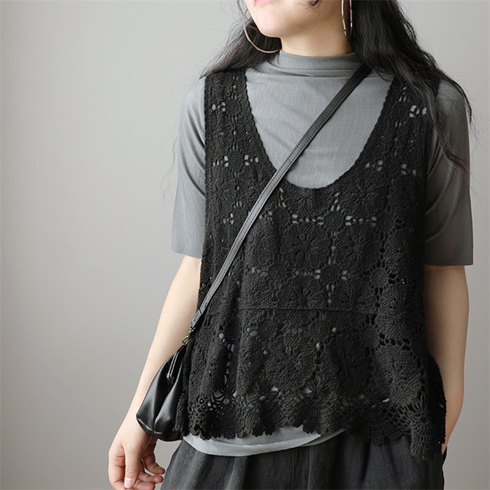 ベスト レディース 春夏 トップス 透かし編み プルオーバー Uネック かぎ編み カジュアル 無地 レイヤード ニットベスト きれいめ ノースリーブ 大人可愛い 体型カバー 涼しい 着痩せ おしゃれ ゆったり 大きいサイズ 送料無料 クロシェ編み