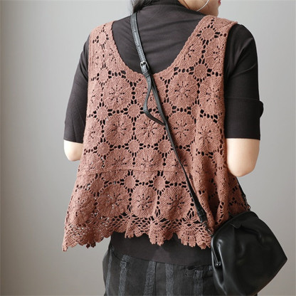 ベスト レディース 春夏 トップス 透かし編み プルオーバー Uネック かぎ編み カジュアル 無地 レイヤード ニットベスト きれいめ ノースリーブ 大人可愛い 体型カバー 涼しい 着痩せ おしゃれ ゆったり 大きいサイズ 送料無料 クロシェ編み