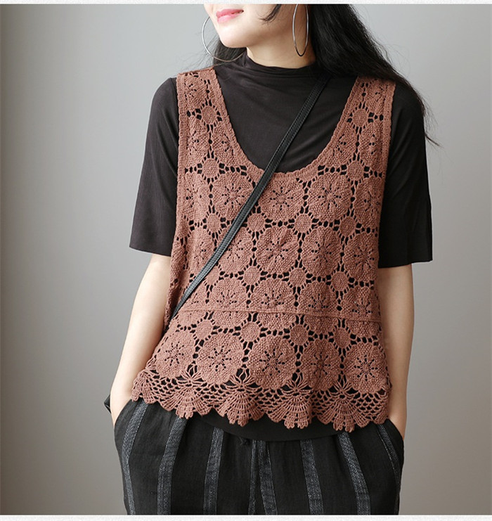 ベスト レディース 春夏 トップス 透かし編み プルオーバー Uネック かぎ編み カジュアル 無地 レイヤード ニットベスト きれいめ ノースリーブ 大人可愛い 体型カバー 涼しい 着痩せ おしゃれ ゆったり 大きいサイズ 送料無料 クロシェ編み