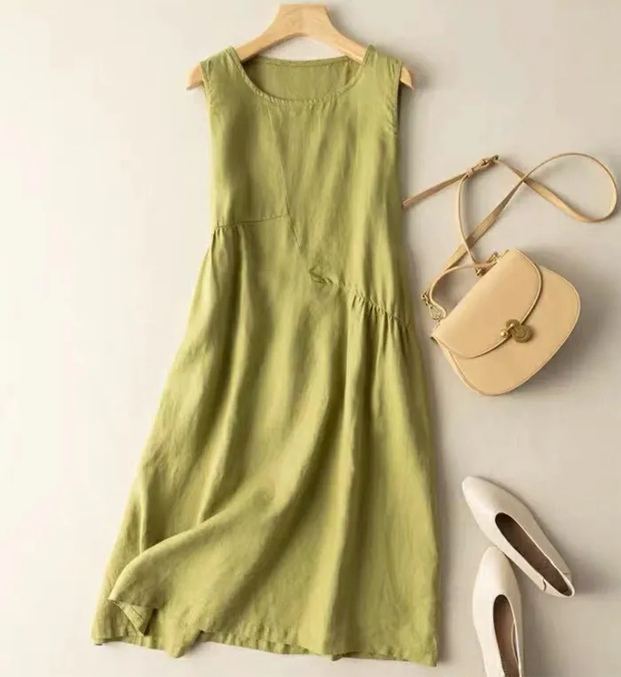 ノースリーブワンピース　綿麻　夏　コットンリネン　ワンピ　ワンピース　袖なし　ミモレ丈　ロング丈　クルーネック　大きいサイズ　体型カバー　ゆったり　カジュアル　リラックス　大人　春夏　着瘦せ　おしゃれ　お出かけ　お呼ばれ　涼しげ