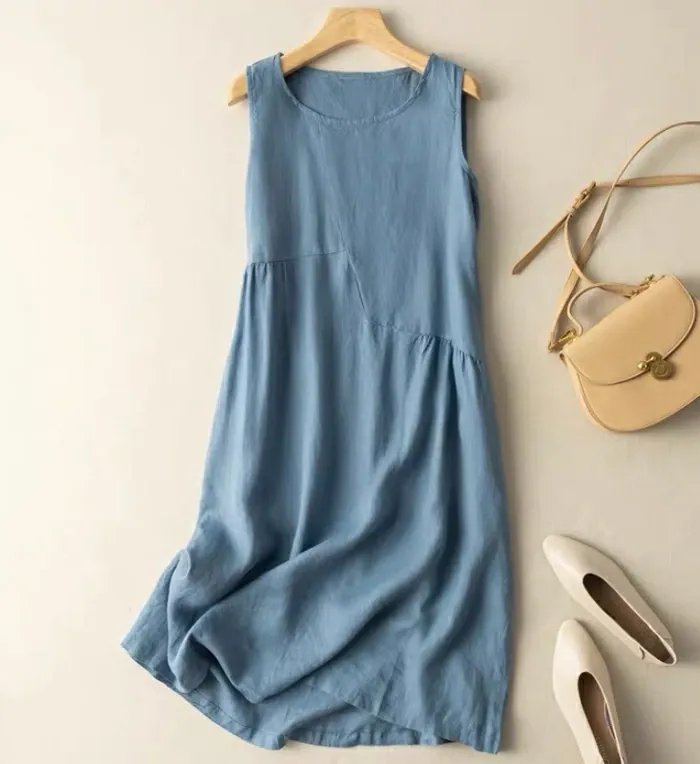 ノースリーブワンピース　綿麻　夏　コットンリネン　ワンピ　ワンピース　袖なし　ミモレ丈　ロング丈　クルーネック　大きいサイズ　体型カバー　ゆったり　カジュアル　リラックス　大人　春夏　着瘦せ　おしゃれ　お出かけ　お呼ばれ　涼しげ