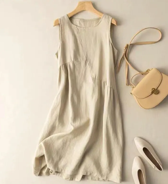 ノースリーブワンピース　綿麻　夏　コットンリネン　ワンピ　ワンピース　袖なし　ミモレ丈　ロング丈　クルーネック　大きいサイズ　体型カバー　ゆったり　カジュアル　リラックス　大人　春夏　着瘦せ　おしゃれ　お出かけ　お呼ばれ　涼しげ