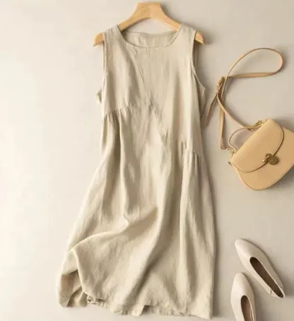 ノースリーブワンピース　綿麻　夏　コットンリネン　ワンピ　ワンピース　袖なし　ミモレ丈　ロング丈　クルーネック　大きいサイズ　体型カバー　ゆったり　カジュアル　リラックス　大人　春夏　着瘦せ　おしゃれ　お出かけ　お呼ばれ　涼しげ
