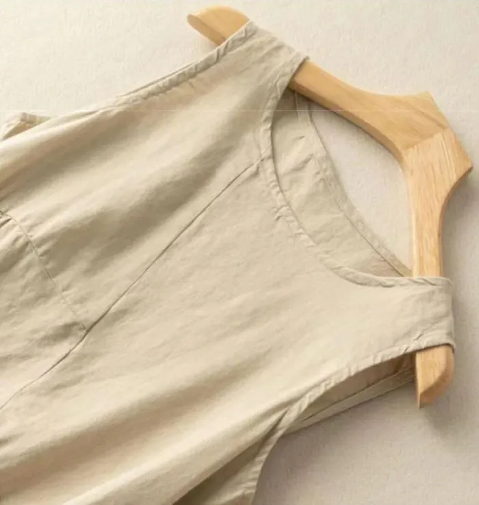 ノースリーブワンピース　綿麻　夏　コットンリネン　ワンピ　ワンピース　袖なし　ミモレ丈　ロング丈　クルーネック　大きいサイズ　体型カバー　ゆったり　カジュアル　リラックス　大人　春夏　着瘦せ　おしゃれ　お出かけ　お呼ばれ　涼しげ