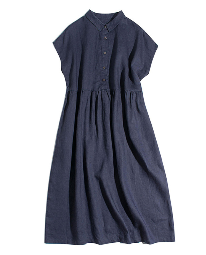 シャツワンピース　半袖　夏　麻風　シャツワンピ　ワンピース　ミモレ丈　ロング丈　大きいサイズ　体型カバー　ゆったり　ハイウエスト　カジュアル　リラックス　大人　春夏　着瘦せ　おしゃれ