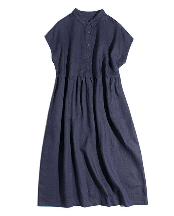 シャツワンピース　半袖　夏　麻風　シャツワンピ　ワンピース　ミモレ丈　ロング丈　大きいサイズ　体型カバー　ゆったり　ハイウエスト　カジュアル　リラックス　大人　春夏　着瘦せ　おしゃれ