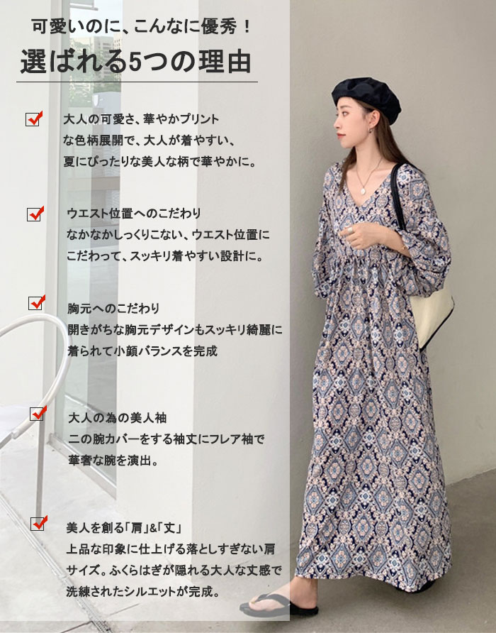 ロングワンピース 七分袖 ワンピース 春 夏 レディース きれいめ 総柄 ゆったり マキシワンピース 大きいサイズ ロング エスニック パフスリーブ vネック フレアワンピース マキシ丈