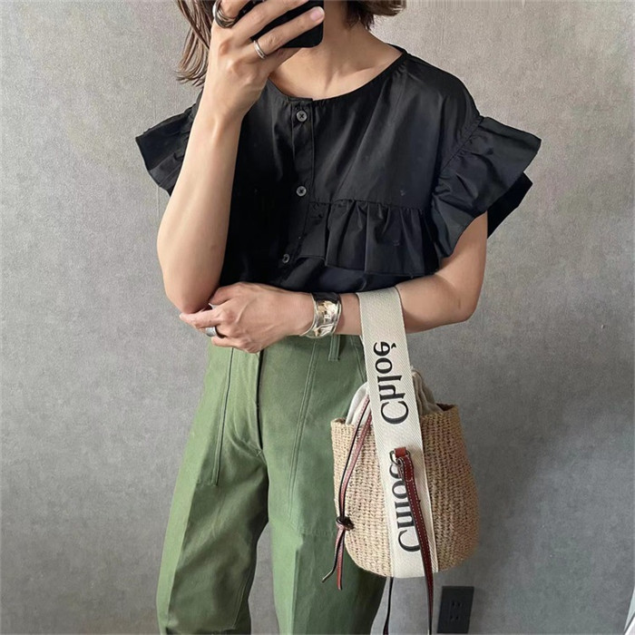 シャツ　ブラウス　シャツ　半袖　フリル付き　可愛い　レディース　シャツ　ベーシック　トップス　無地　薄め　体型カバー　カジュアル　リラックス　大きいサイズ　30代　40代　50代　春夏　コーデ易い