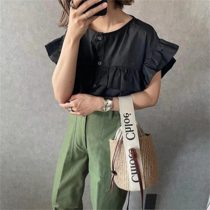 シャツ　ブラウス　シャツ　半袖　フリル付き　可愛い　レディース　シャツ　ベーシック　トップス　無地　薄め　体型カバー　カジュアル　リラックス　大きいサイズ　30代　40代　50代　春夏　コーデ易い