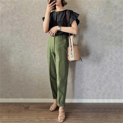 シャツ　ブラウス　シャツ　半袖　フリル付き　可愛い　レディース　シャツ　ベーシック　トップス　無地　薄め　体型カバー　カジュアル　リラックス　大きいサイズ　30代　40代　50代　春夏　コーデ易い