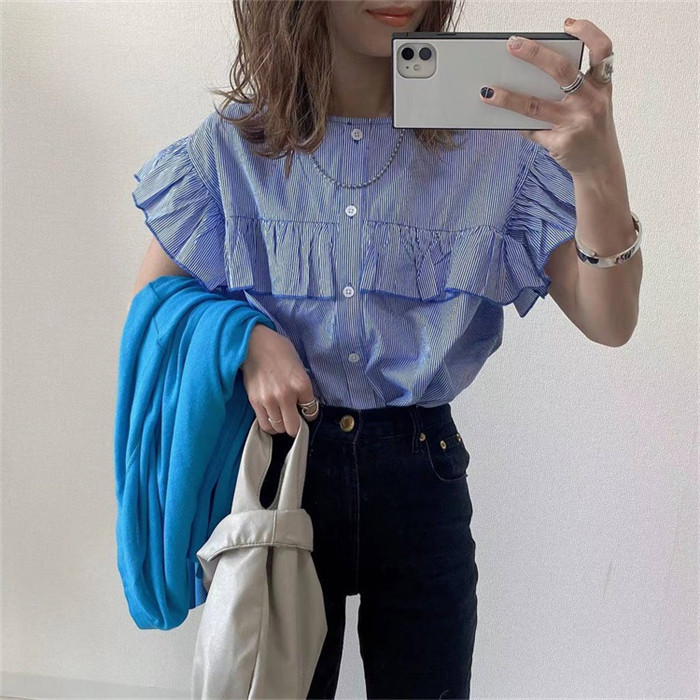 シャツ　ブラウス　シャツ　半袖　フリル付き　可愛い　レディース　シャツ　ベーシック　トップス　無地　薄め　体型カバー　カジュアル　リラックス　大きいサイズ　30代　40代　50代　春夏　コーデ易い