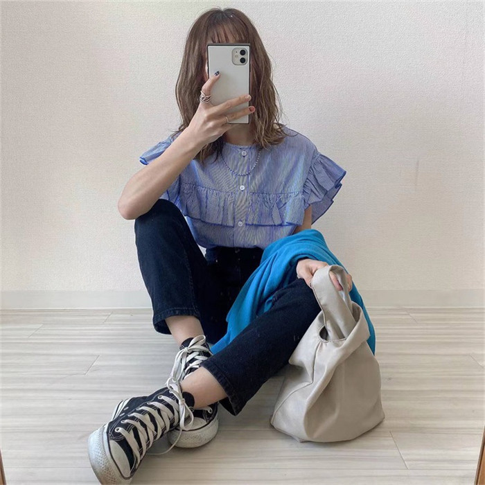 シャツ　ブラウス　シャツ　半袖　フリル付き　可愛い　レディース　シャツ　ベーシック　トップス　無地　薄め　体型カバー　カジュアル　リラックス　大きいサイズ　30代　40代　50代　春夏　コーデ易い