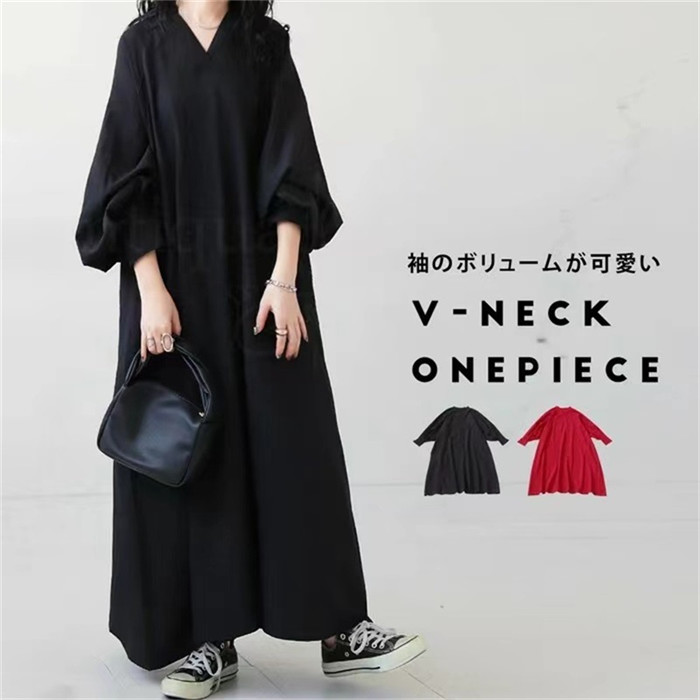 <br>ロングワンピース 春秋 レディース きれいめ ぽわん袖 ゆったり系 長袖 ワンピース 着やせ ロング丈 マキシ丈 マキシワンピース 無地 長袖ワンピース 体型カバー ビッグシルエット カジュアル エスニック 大きいサイズ 送料無料