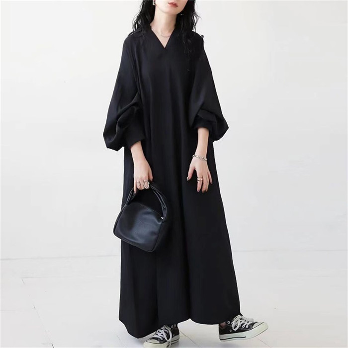 <br>ロングワンピース 春秋 レディース きれいめ ぽわん袖 ゆったり系 長袖 ワンピース 着やせ ロング丈 マキシ丈 マキシワンピース 無地 長袖ワンピース 体型カバー ビッグシルエット カジュアル エスニック 大きいサイズ 送料無料