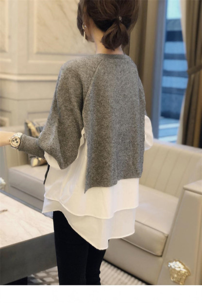 <br>セーター ぽわん袖 バルーンスリープ ブラウス 異素材 パッチワーク ニット ニットセーター レディース 秋冬 ショートセーター リブ袖 トップス 長袖 プチハイネック 優雅 無地 着痩せ シンプル きれいめ ゆったり 大人可愛い 送料無料