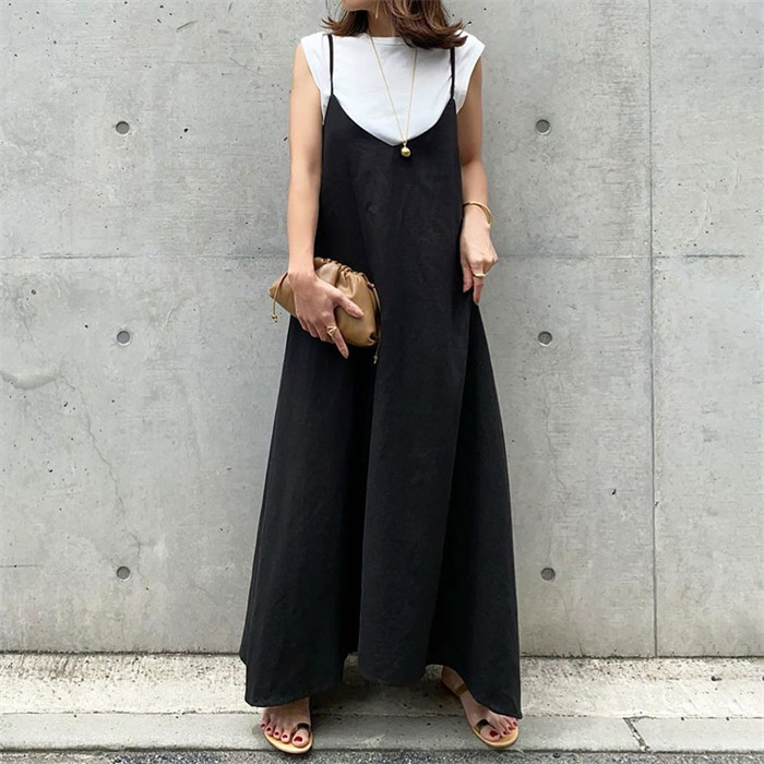 <br>キャミワンピース サロペット ワンピース レディース 秋 夏 黒 ジャンパースカート ベーシック ゆったり 無地 体型カバー 大きいサイズ キャミ