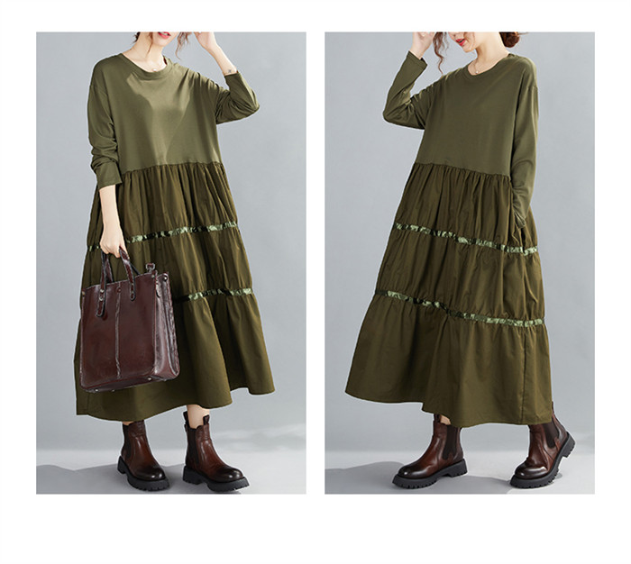<br>ティアードワンピース 長袖 秋 ティアード フレア ロングワンピース レディース 大きいサイズ マキシワンピース Uネック ゆったり 体型カバー ロング丈 ビッグシルエット