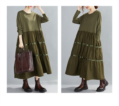 <br>ティアードワンピース 長袖 秋 ティアード フレア ロングワンピース レディース 大きいサイズ マキシワンピース Uネック ゆったり 体型カバー ロング丈 ビッグシルエット