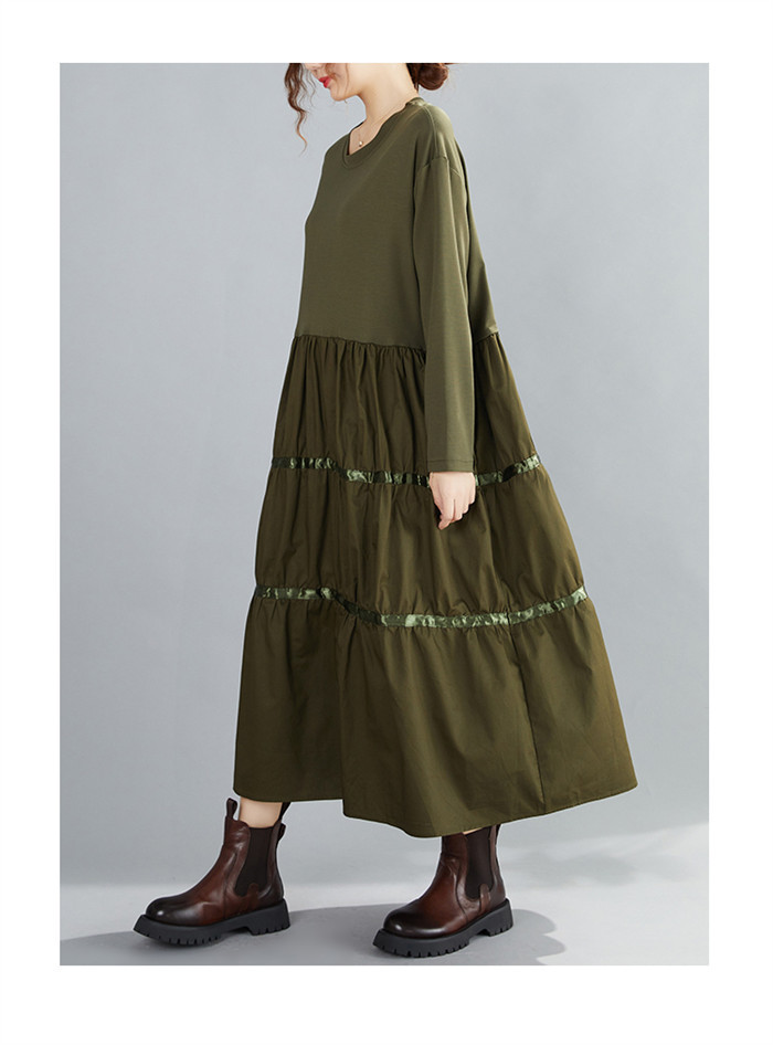 <br>ティアードワンピース 長袖 秋 ティアード フレア ロングワンピース レディース 大きいサイズ マキシワンピース Uネック ゆったり 体型カバー ロング丈 ビッグシルエット