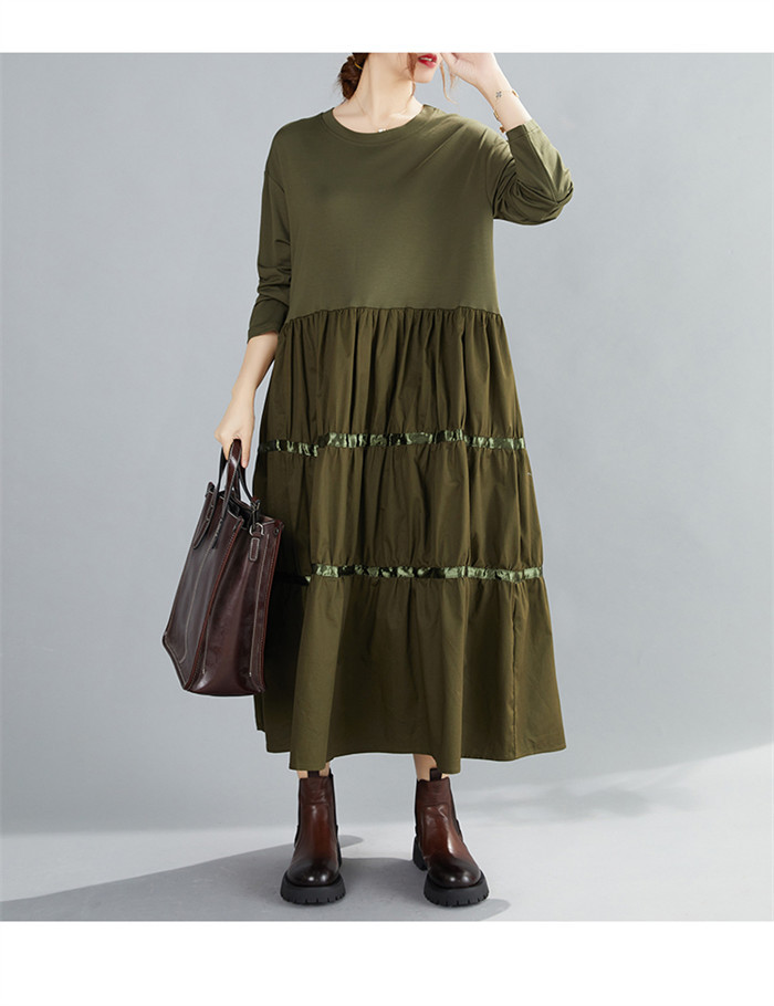 <br>ティアードワンピース 長袖 秋 ティアード フレア ロングワンピース レディース 大きいサイズ マキシワンピース Uネック ゆったり 体型カバー ロング丈 ビッグシルエット