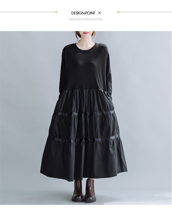 <br>ティアードワンピース 長袖 秋 ティアード フレア ロングワンピース レディース 大きいサイズ マキシワンピース Uネック ゆったり 体型カバー ロング丈 ビッグシルエット